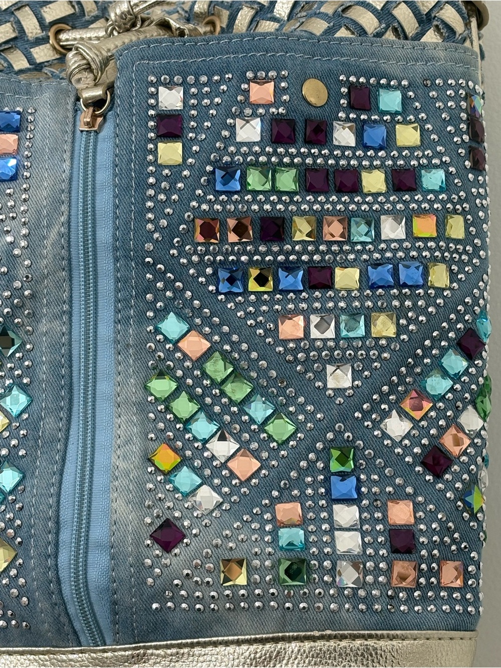 Purse / Backpack Bag Light Blue Denim Gold Rhinestones Pockets Adjustable Straps - Picture 3 of 16